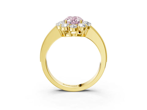 Yellow gold Fancy Pink Oval Cut Cut Halo Diamond Pavé Engagement Ring with Milgrain Detailing_3