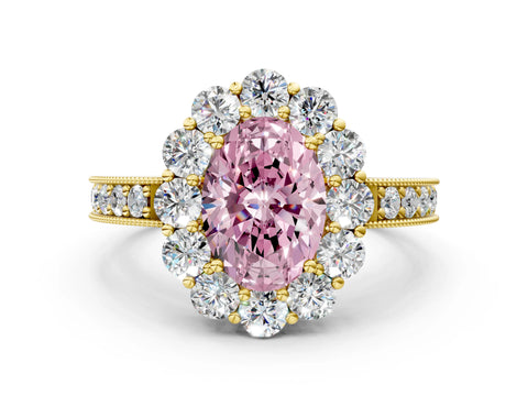 Yellow gold Fancy Pink Oval Cut Cut Halo Diamond Pavé Engagement Ring with Milgrain Detailing