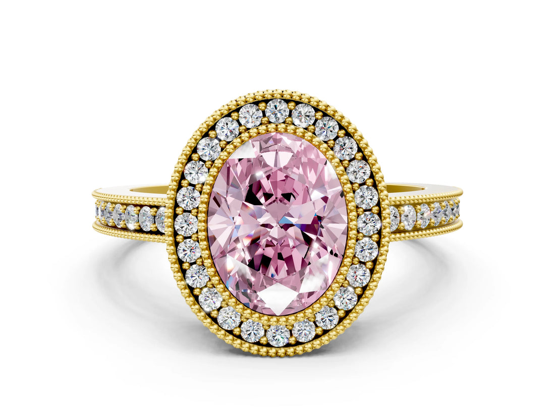 Yellow gold Fancy Pink Oval Cut Cut Halo Pavé Diamond Ring