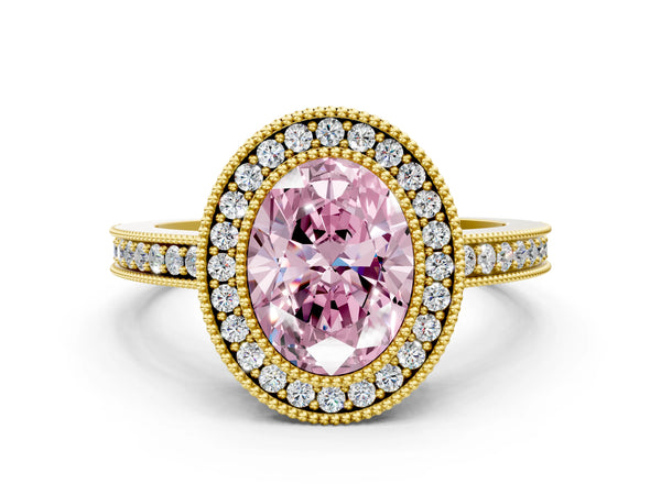 Yellow Gold Oval Double Milgrain Halo Engagement Ring Setting for Fancy Pink Center