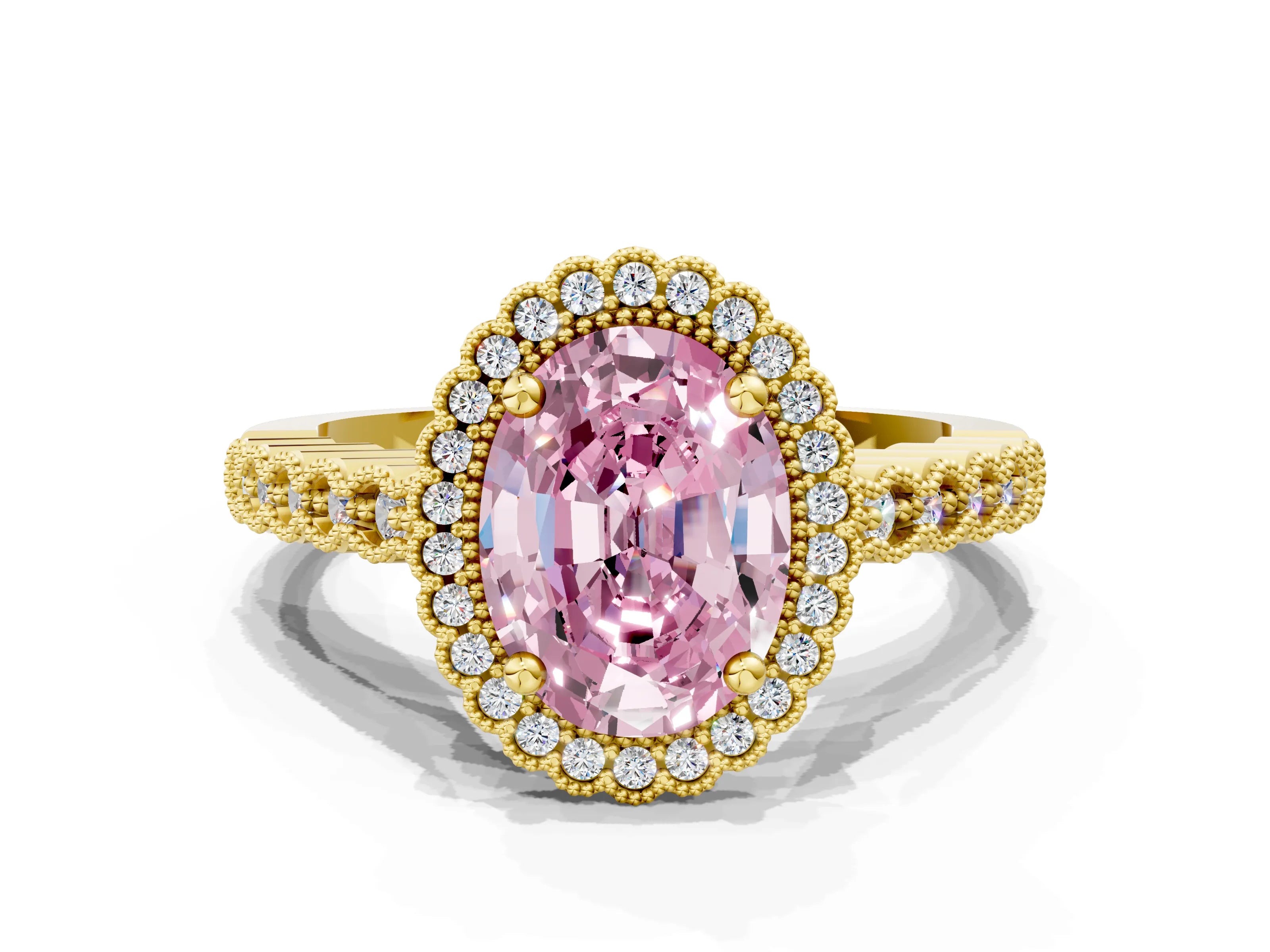 Yellow gold Fancy Pink Oval Cut Cut Halo Pavé Solitaire Ring with Milgrain Band