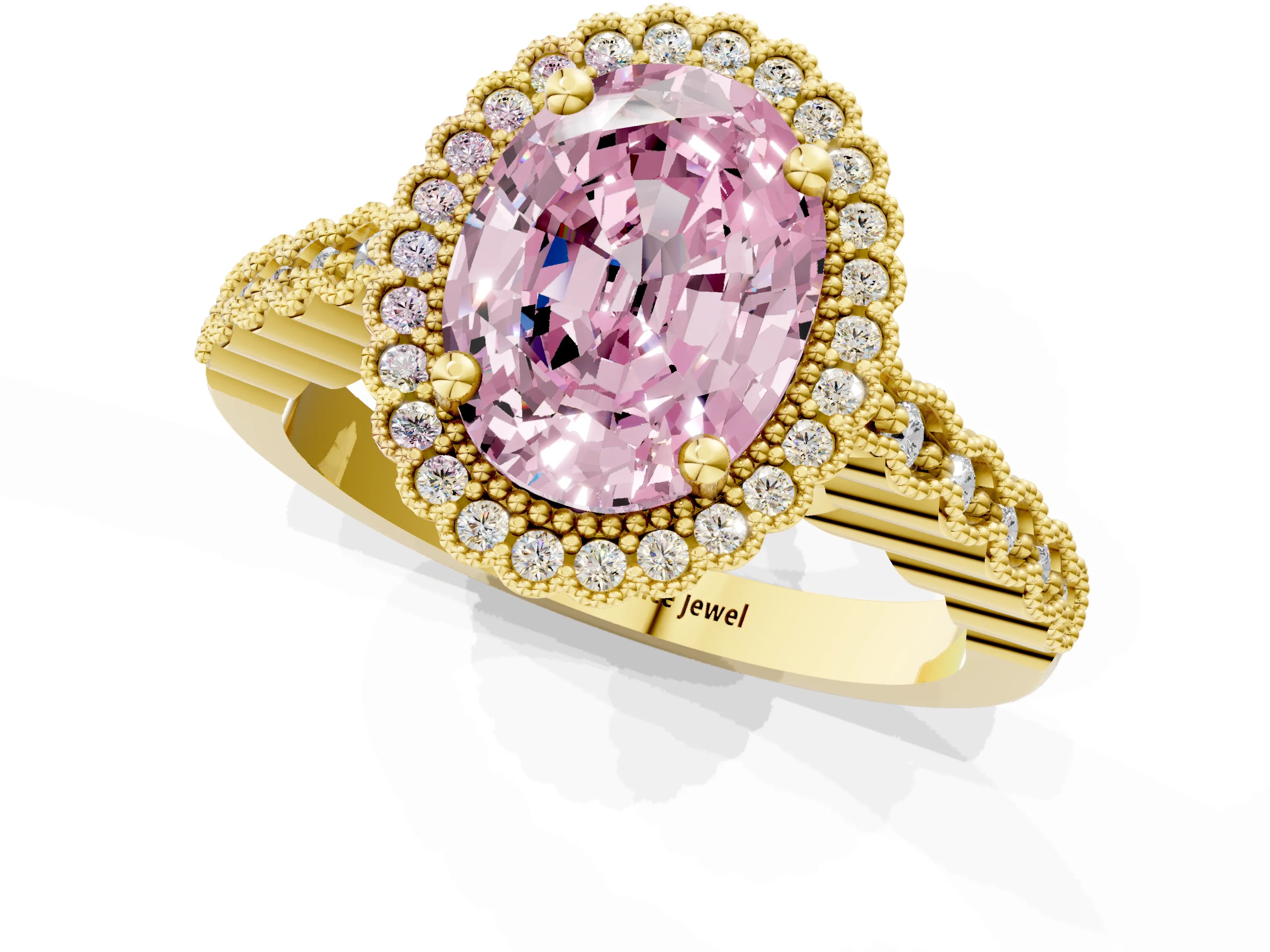 Yellow gold Fancy Pink Oval Cut Cut Halo Pavé Solitaire Ring with Milgrain Band_1