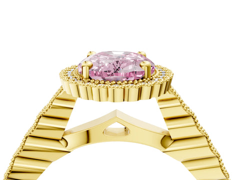 Yellow gold Fancy Pink Oval Cut Cut Halo Pavé Solitaire Ring with Milgrain Band_4