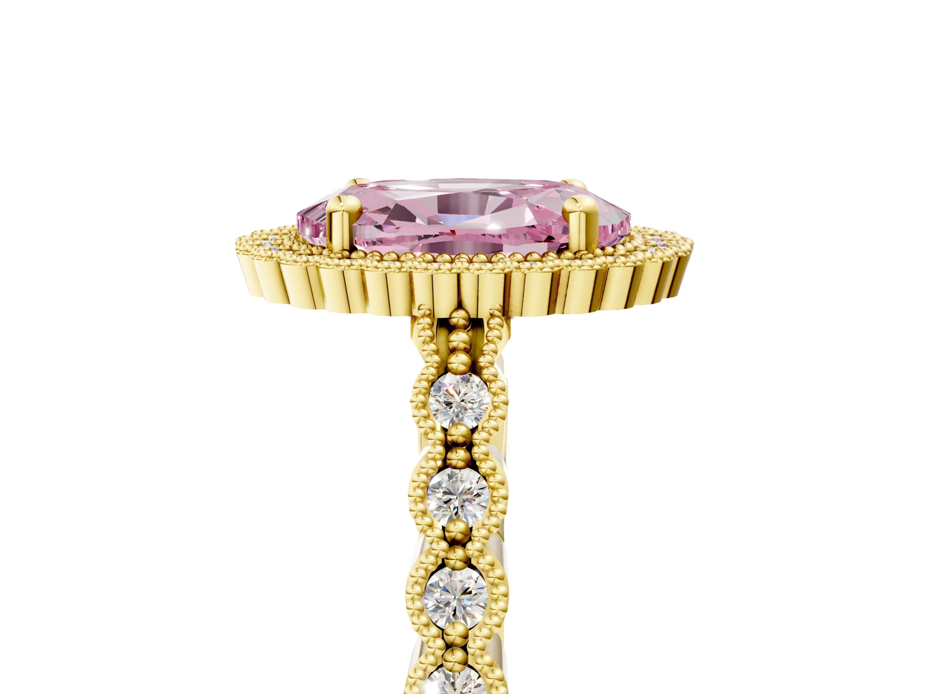 Yellow gold Fancy Pink Oval Cut Cut Halo Pavé Solitaire Ring with Milgrain Band_5