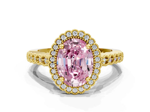 Yellow gold Fancy Pink Oval Cut Cut Halo Pavé Solitaire Ring with Milgrain Band