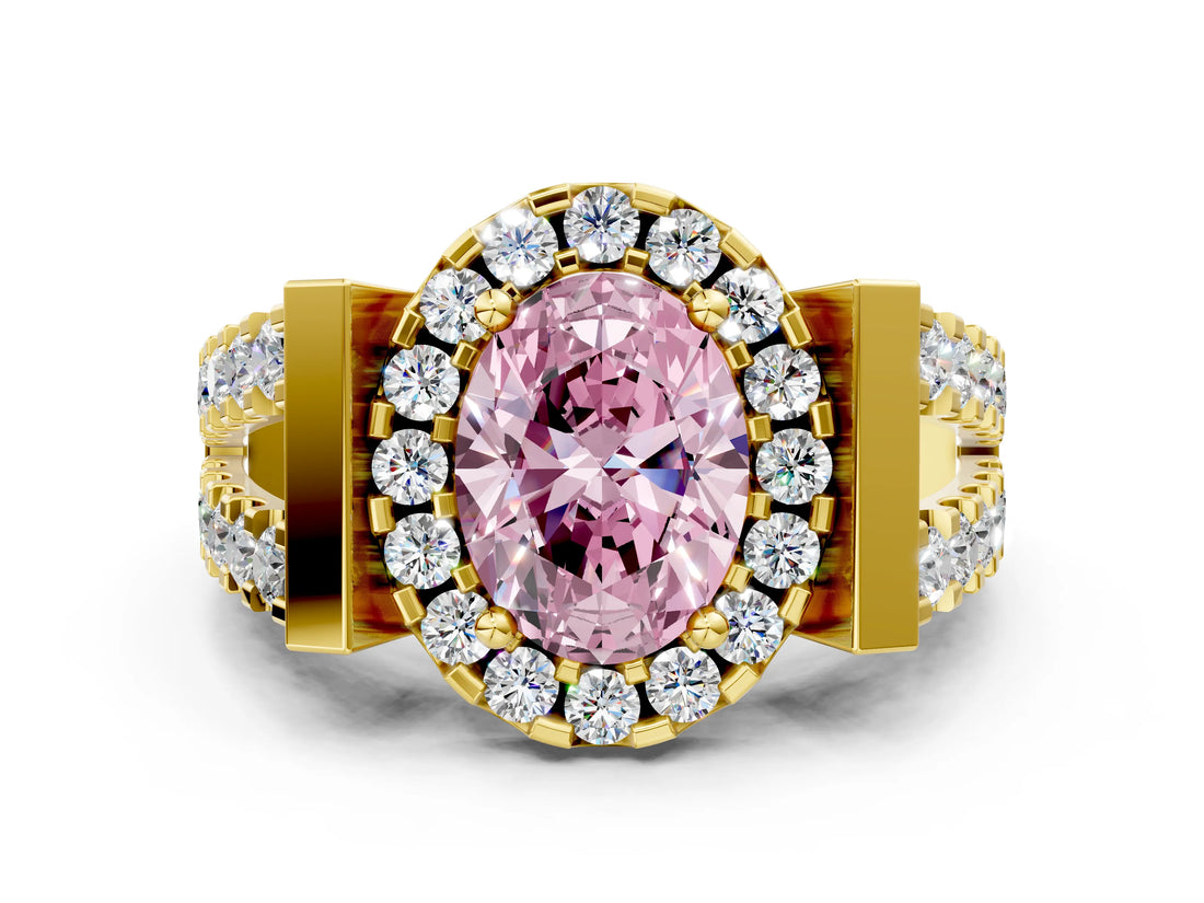 Yellow gold Fancy Pink Oval Cut Cut Halo Split Shank Prong Set Ring