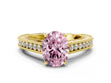Yellow gold Fancy Pink Oval Cut Cut Pave Band Milgrain Solitaire Ring