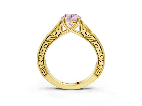 Yellow gold Fancy Pink Oval Cut Cut Pave Band Milgrain Solitaire Ring_3