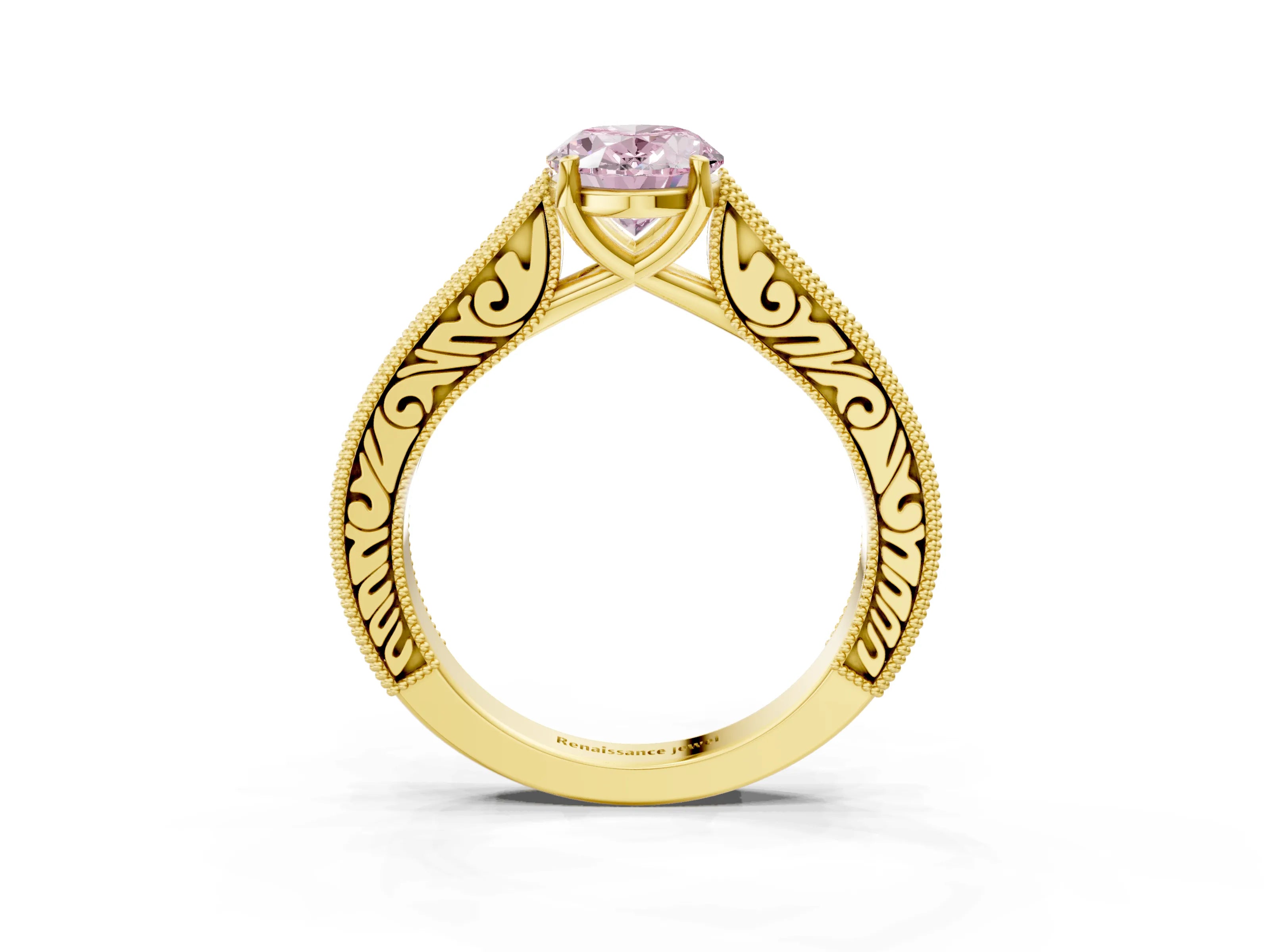Yellow gold Fancy Pink Oval Cut Cut Pave Band Milgrain Solitaire Ring_4