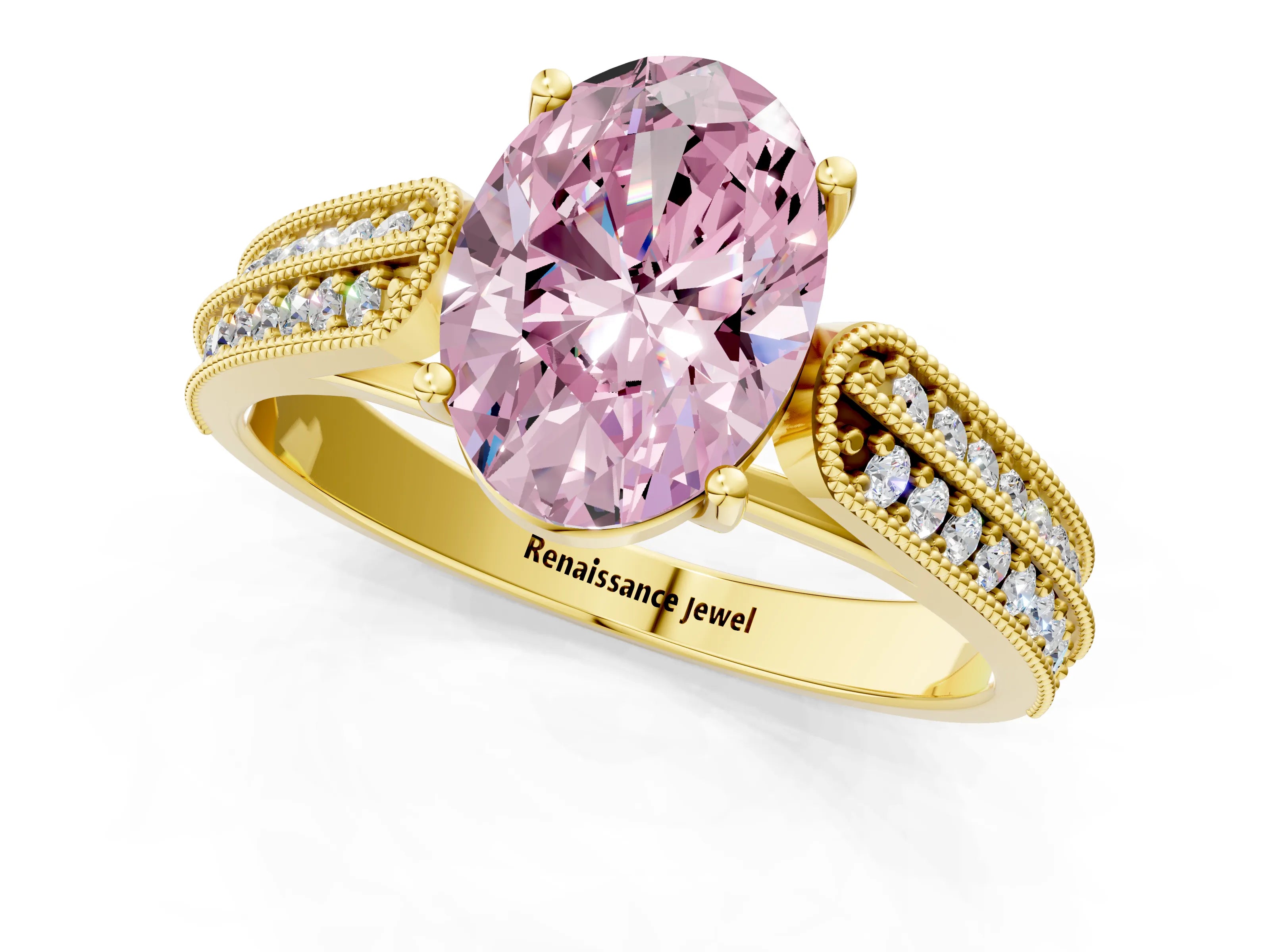 Yellow gold Fancy Pink Oval Cut Cut Pave Split Shank Engagement Ring with Four-Prong Setting_1