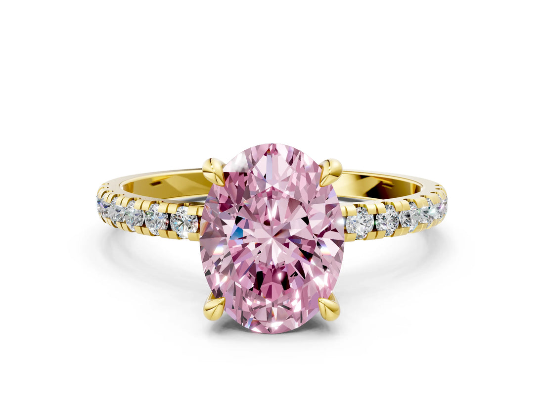 Yellow gold Fancy Pink Oval Cut Diamond Brilliant Solitaire Ring with Pavé Band and Four-Prong Setting_12