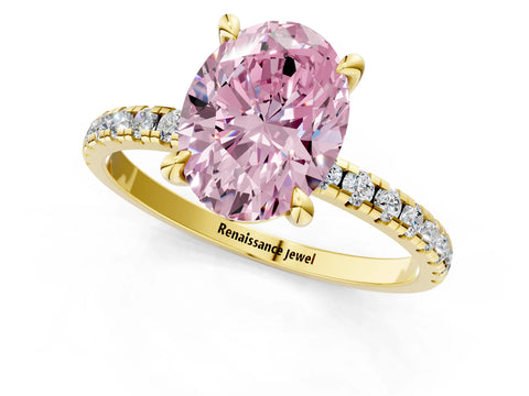 Yellow gold Fancy Pink Oval Cut Diamond Brilliant Solitaire Ring with Pavé Band and Four-Prong Setting_1