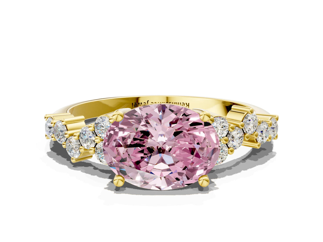 Yellow gold Fancy Pink Oval Cut Diamond Cluster Pavé Band with Four-Prong Setting_3