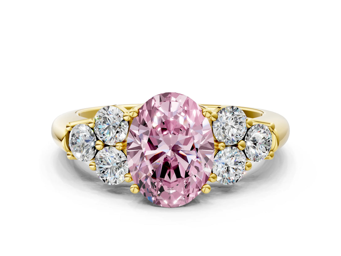 Yellow gold Fancy Pink Oval  Cut Diamond Cluster Ring with Round Accent Stones and Prong Setting on a Classic Band_49
