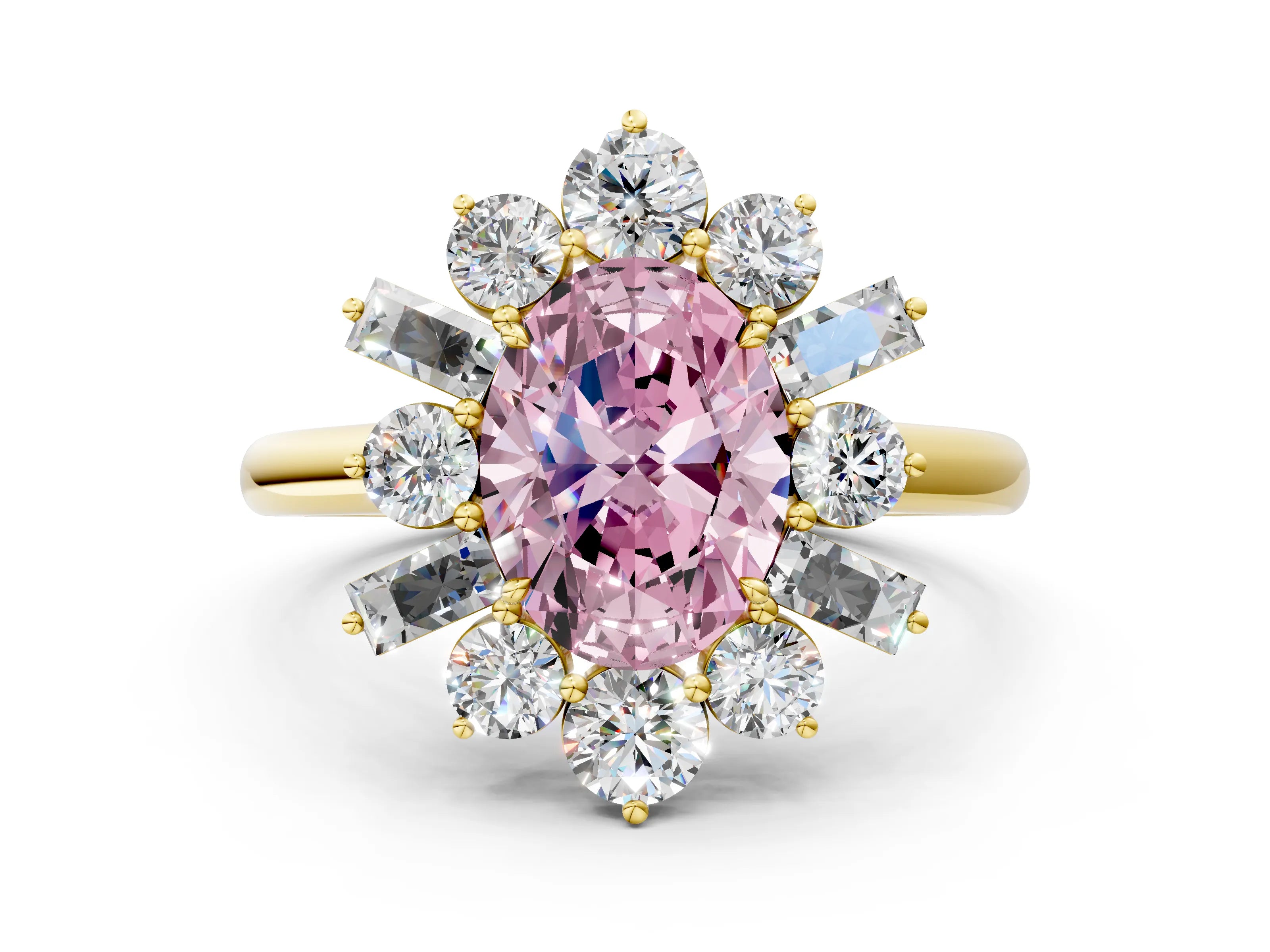 Yellow gold Fancy Pink Oval Cut Diamond Cluster Ring with Round and Baguette Stones, Split Shank Band, Prong Setting