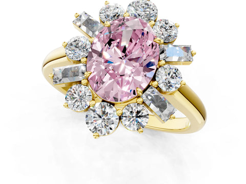 Yellow gold Fancy Pink Oval Cut Diamond Cluster Ring with Round and Baguette Stones, Split Shank Band, Prong Setting_1
