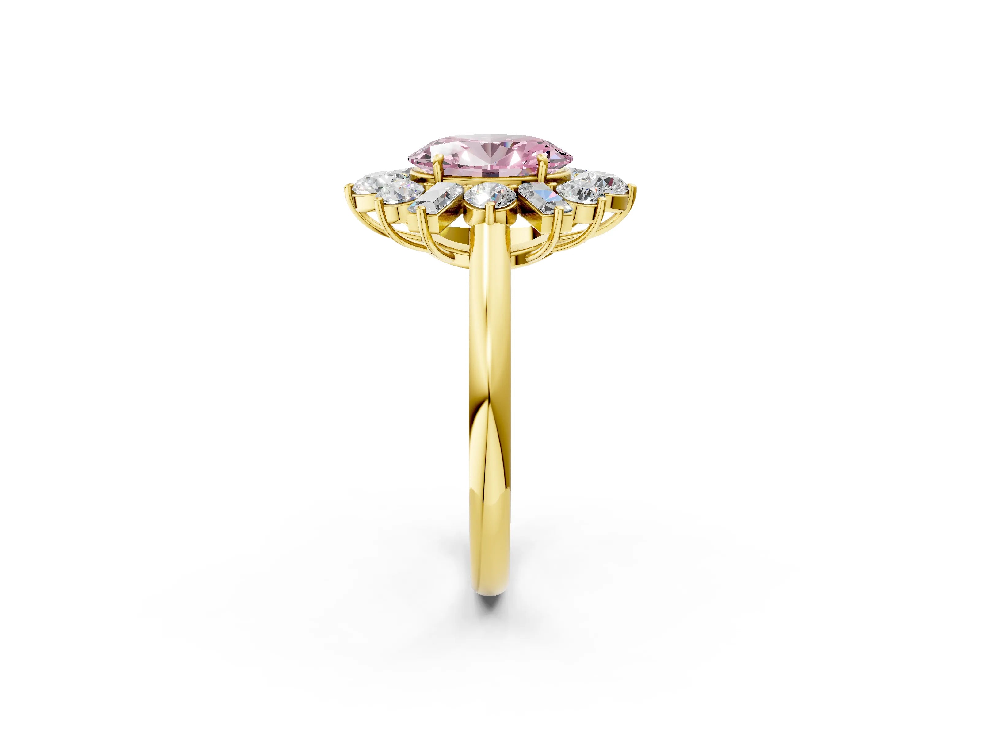 Yellow gold Fancy Pink Oval Cut Diamond Cluster Ring with Round and Baguette Stones, Split Shank Band, Prong Setting_2
