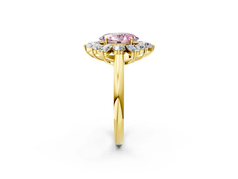 Yellow gold Fancy Pink Oval Cut Diamond Cluster Ring with Round and Baguette Stones, Split Shank Band, Prong Setting_2