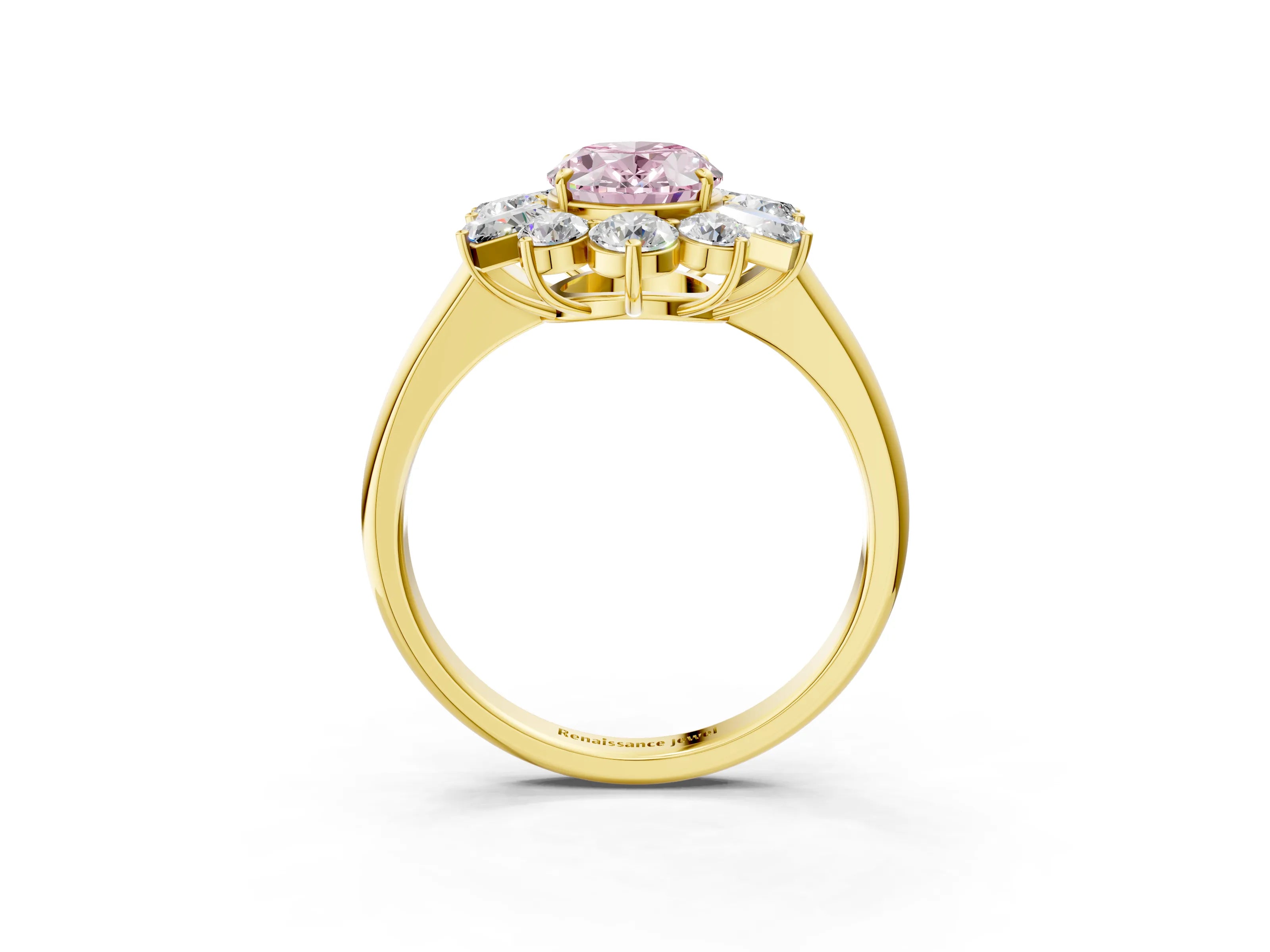 Yellow gold Fancy Pink Oval Cut Diamond Cluster Ring with Round and Baguette Stones, Split Shank Band, Prong Setting_3