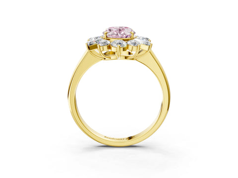 Yellow gold Fancy Pink Oval Cut Diamond Cluster Ring with Round and Baguette Stones, Split Shank Band, Prong Setting_3