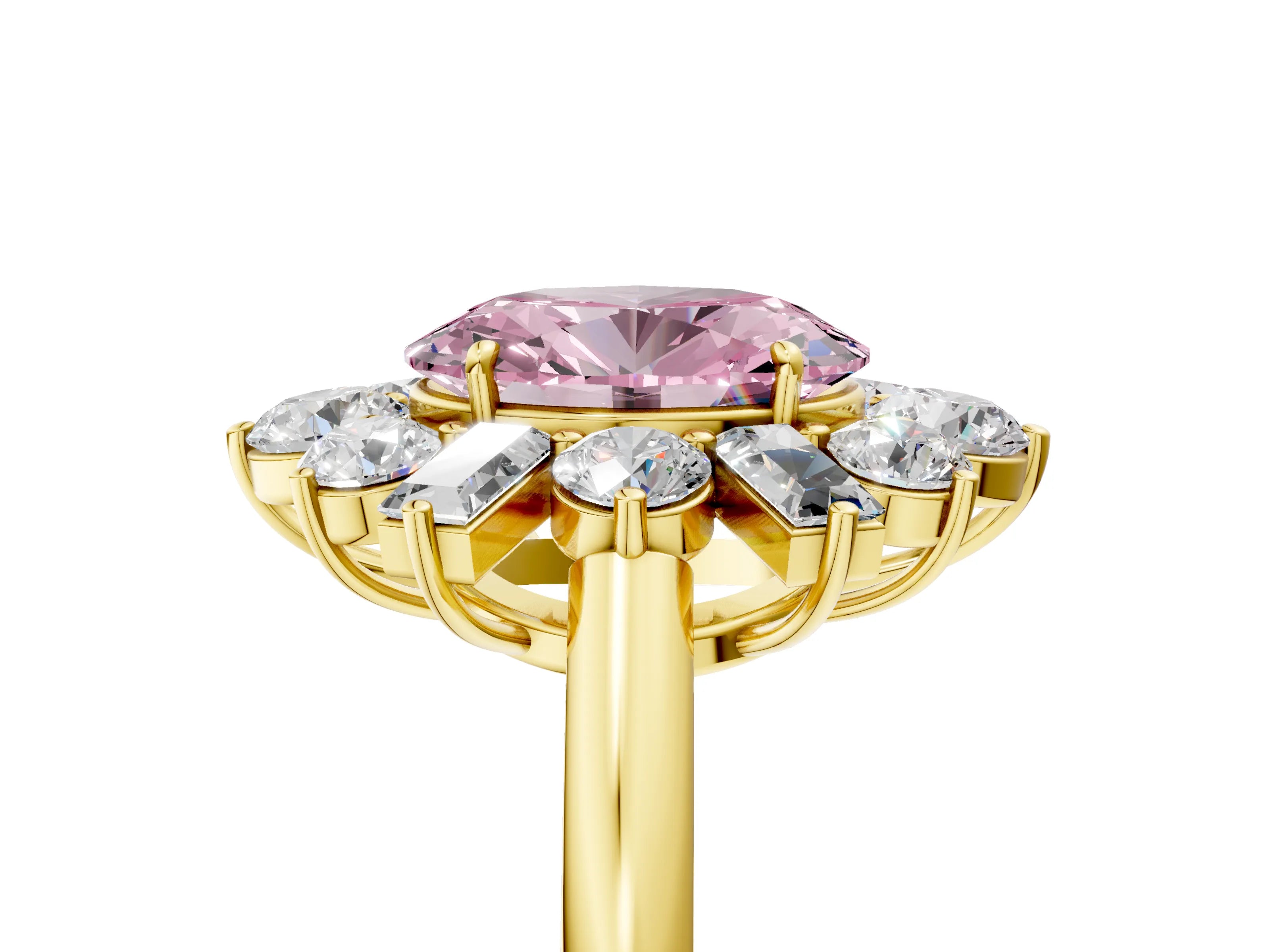 Yellow gold Fancy Pink Oval Cut Diamond Cluster Ring with Round and Baguette Stones, Split Shank Band, Prong Setting_5