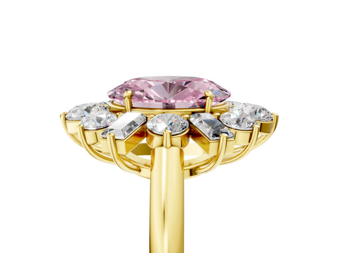 Yellow gold Fancy Pink Oval Cut Diamond Cluster Ring with Round and Baguette Stones, Split Shank Band, Prong Setting_5