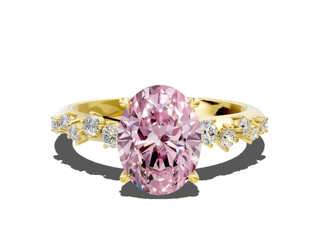 Yellow gold Fancy Pink Oval Cut Diamond Cluster Side Stone Solitaire Ring with Prong Setting_53