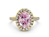 Yellow gold Fancy Pink Oval Cut Diamond Cushion Halo Ring with Pavé Band