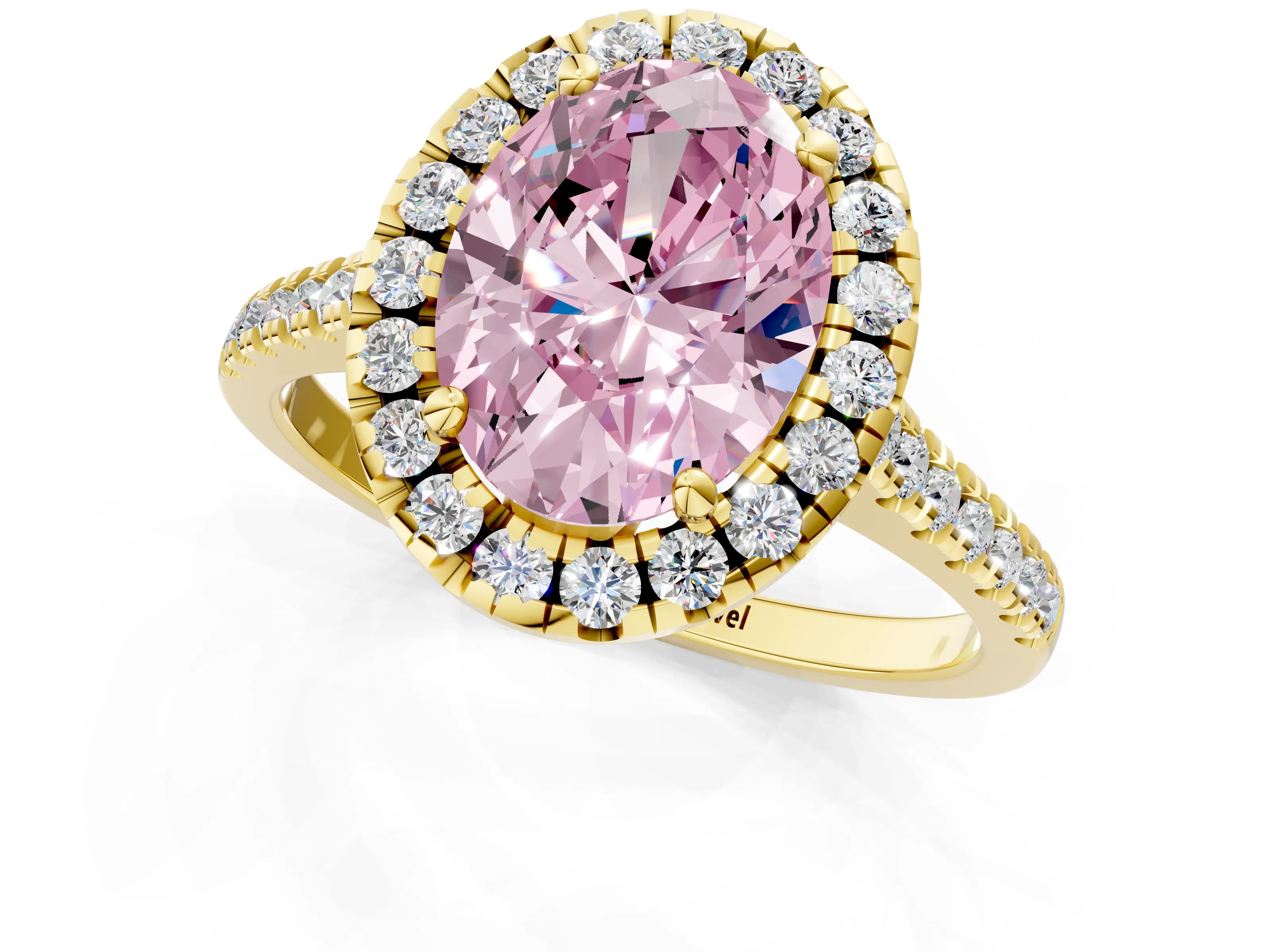 Yellow gold Fancy Pink Oval Cut Diamond Cushion Halo Ring with Pavé Band_1