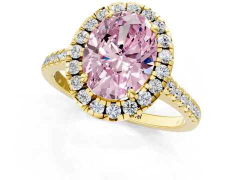 Yellow gold Fancy Pink Oval Cut Diamond Cushion Halo Ring with Pavé Band_1