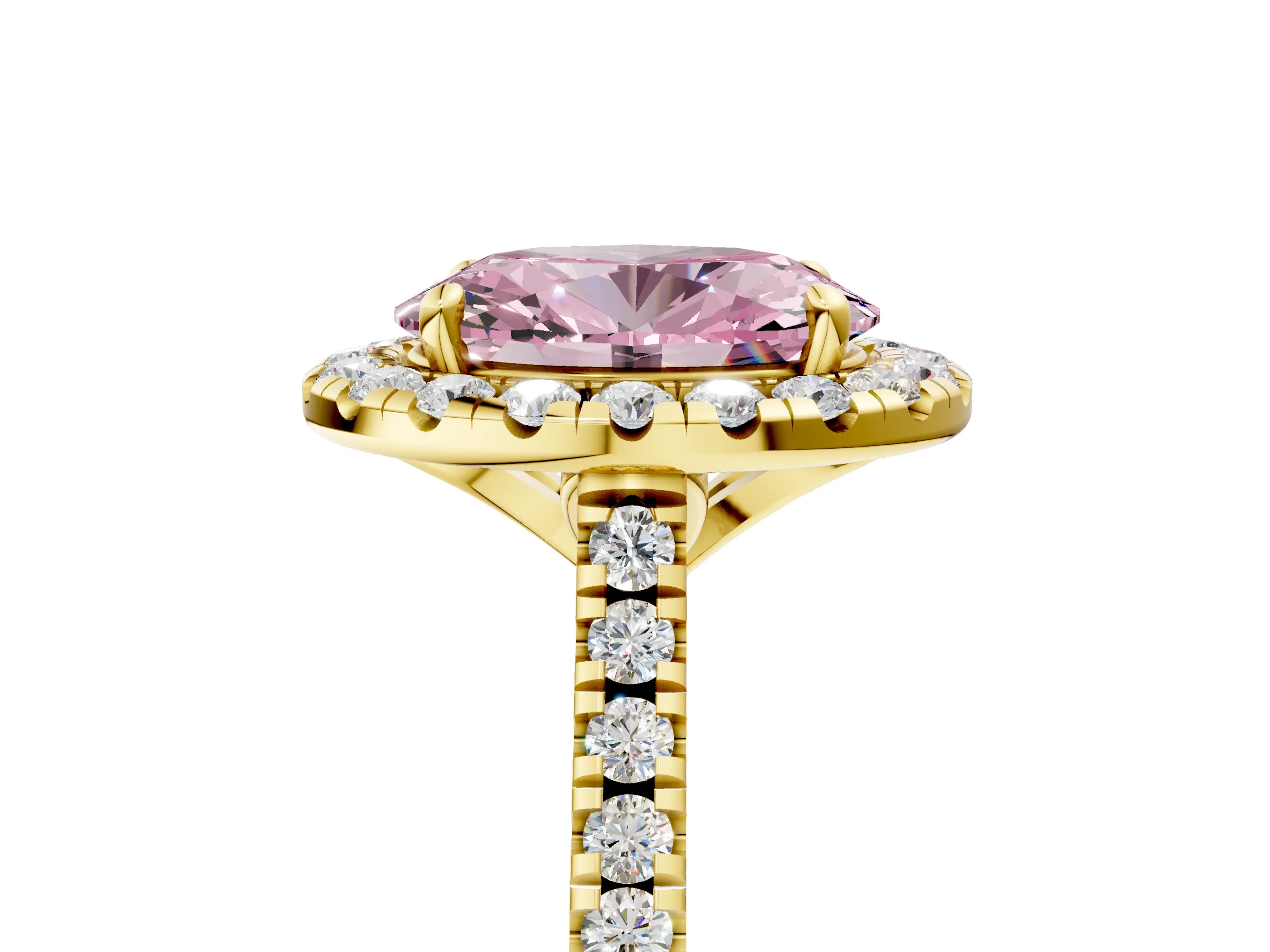 Yellow gold Fancy Pink Oval Cut Diamond Cushion Halo Ring with Pavé Band_5