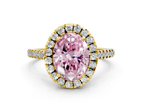 Yellow gold Fancy Pink Oval Cut Diamond Cushion Halo Ring with Pavé Band