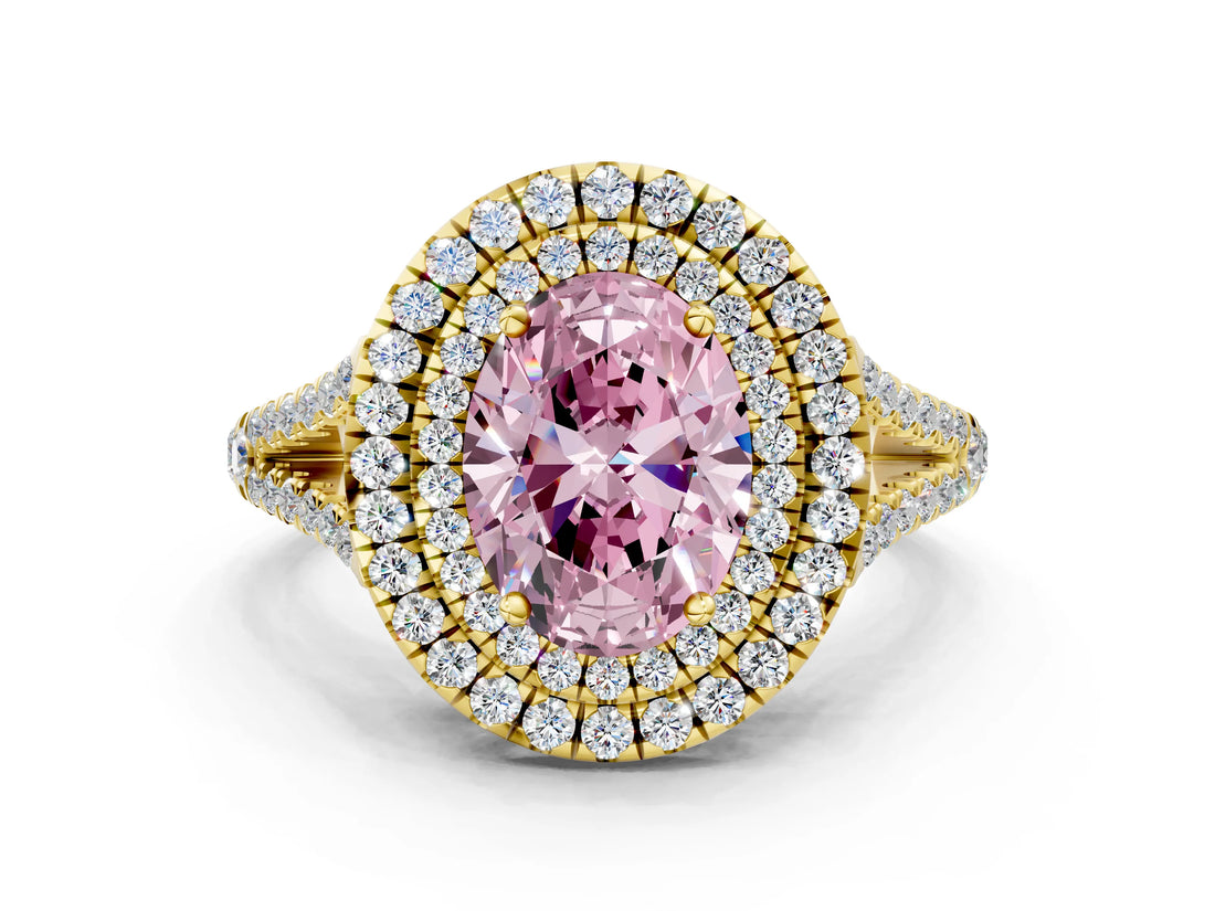 Yellow gold Fancy Pink Oval Cut Diamond Double Halo Ring with Pavé Band and Prong Setting_60