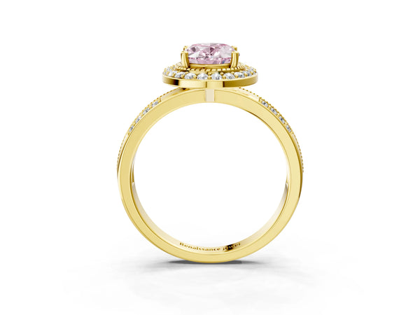 Yellow gold Fancy Pink Oval Cut Diamond Double Halo Ring with Split Shank and Four-Prong Setting
