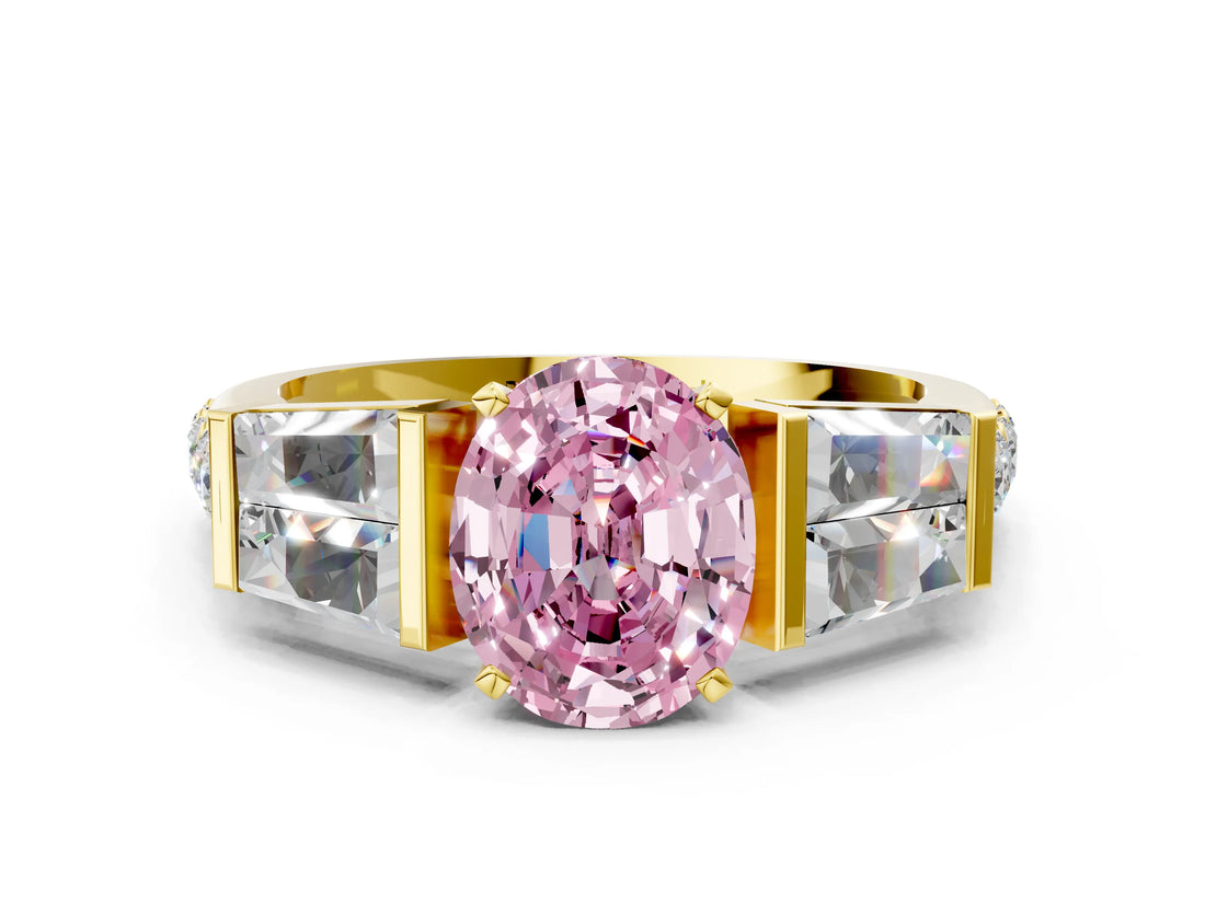 Yellow gold Fancy Pink Oval Cut Diamond Engagement Ring with Baguette Side Stones and Channel Set Band_20