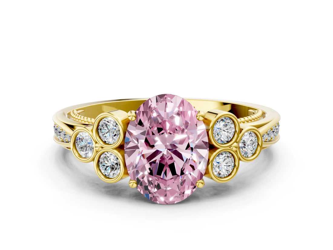 Yellow gold Fancy Pink Oval  Cut Diamond Engagement Ring with Bezel Set Round Side Stones and Prong Setting_48