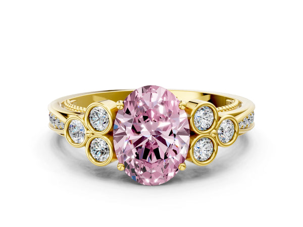 Yellow Gold Oval Engagement Ring Setting for Fancy Pink Center with Bezel-Set Shoulder Clusters