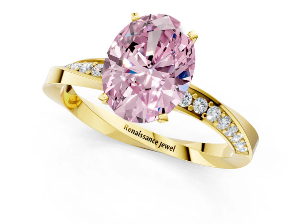 Yellow gold Fancy Pink Oval Cut Diamond Engagement Ring with Side Stone Accents and Four-Prong Setting