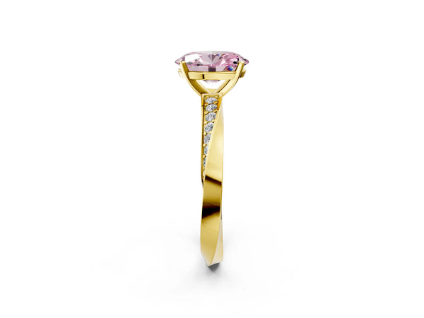Yellow gold Fancy Pink Oval Cut Diamond Engagement Ring with Side Stone Accents and Four-Prong Setting