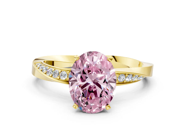 Yellow gold Fancy Pink Oval Cut Diamond Engagement Ring with Side Stone Accents and Four-Prong Setting