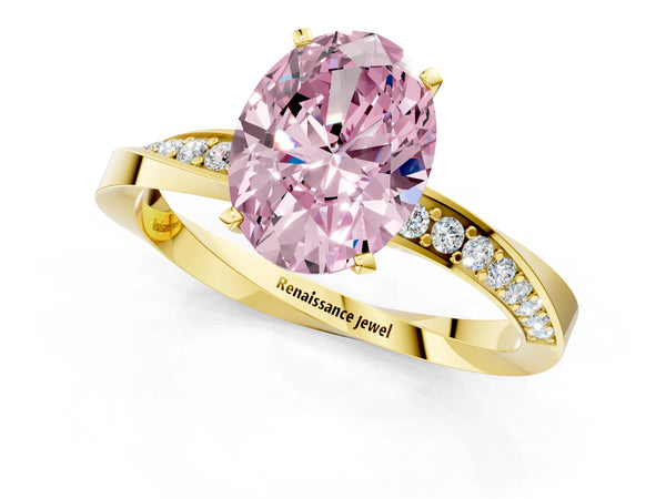 Yellow gold Fancy Pink Oval Cut Diamond Engagement Ring with Side Stone Accents and Four-Prong Setting