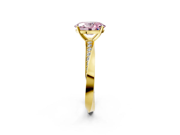 Yellow gold Fancy Pink Oval Cut Diamond Engagement Ring with Side Stone Accents and Four-Prong Setting