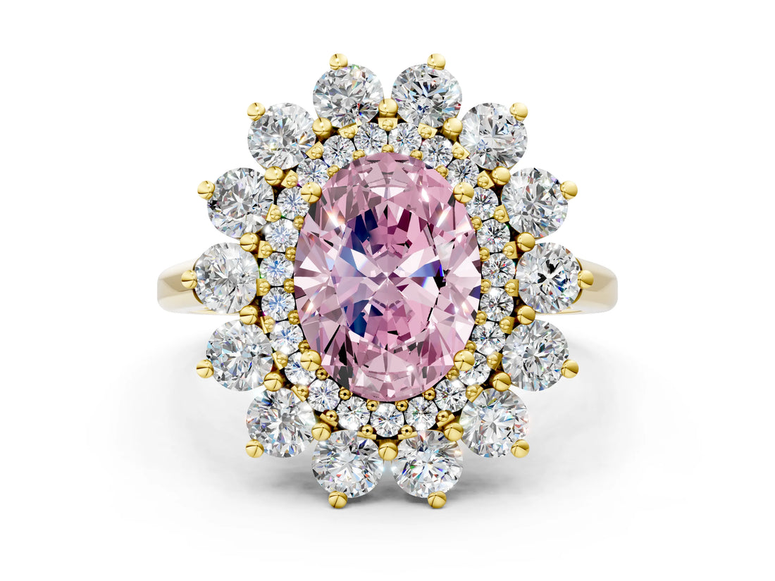Yellow gold Fancy Pink Oval Cut Diamond Floral Double Halo Engagement Ring with Prong Setting_24