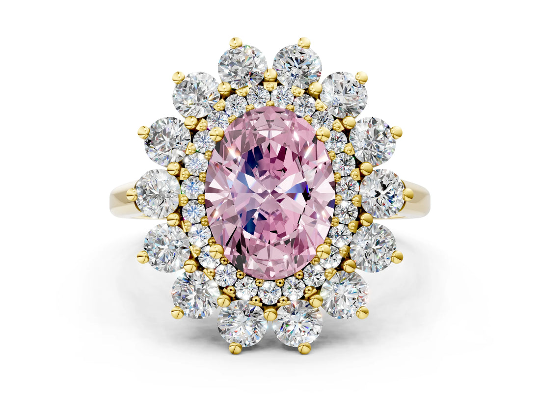 Yellow gold Fancy Pink Oval Cut Diamond Floral Double Halo Engagement Ring with Prong Setting_72