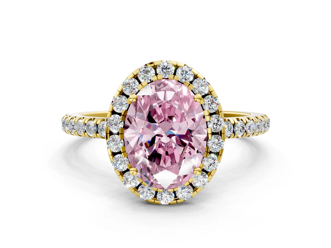 Yellow gold Fancy Pink Oval  Cut Diamond Floral Halo Engagement Ring with Pavé Band and Prong Setting_37