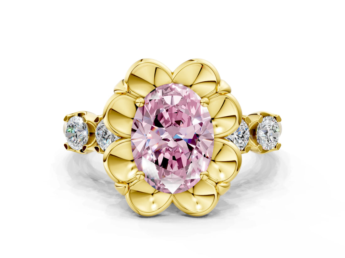Yellow gold Fancy Pink Oval  Cut Diamond Floral Halo Engagement Ring with Shared Prong Setting 1