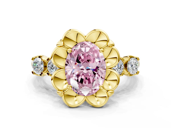 Yellow gold Fancy Pink Oval  Cut Diamond Floral Halo Engagement Ring with Shared Prong Setting