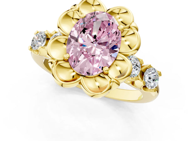 Yellow gold Fancy Pink Oval  Cut Diamond Floral Halo Engagement Ring with Shared Prong Setting