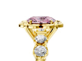 Yellow gold Fancy Pink Oval  Cut Diamond Floral Halo Engagement Ring with Shared Prong Setting