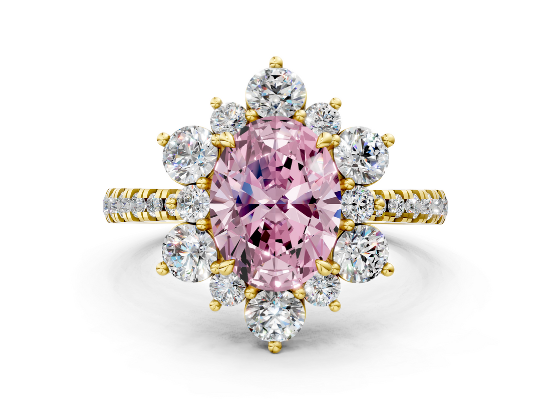 Yellow gold Fancy Pink Oval  Cut Diamond Floral Halo Pave Band with Prong Setting_37
